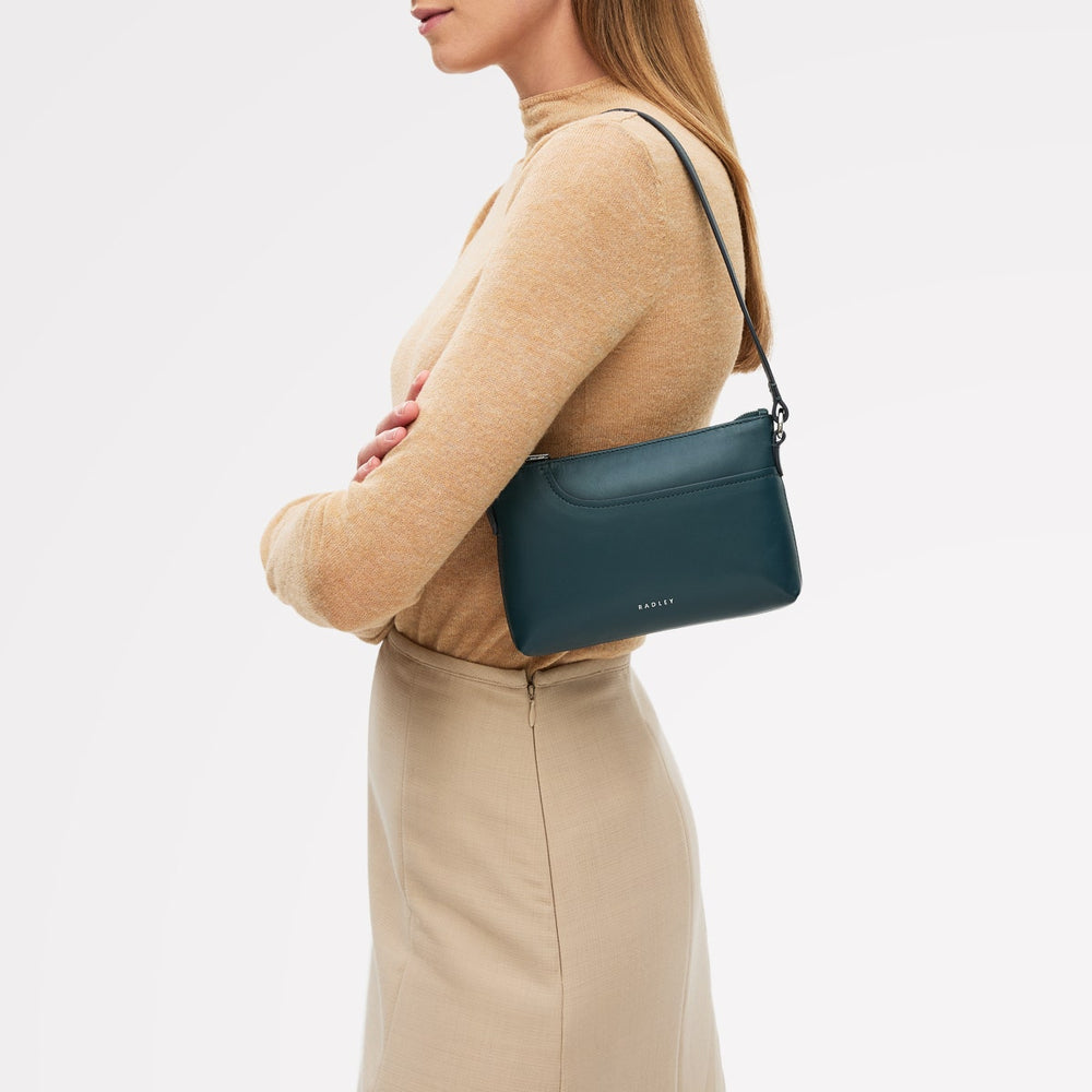 Pockets Leather Mini Ziptop EW Shoulder Bag in Teal - 112136