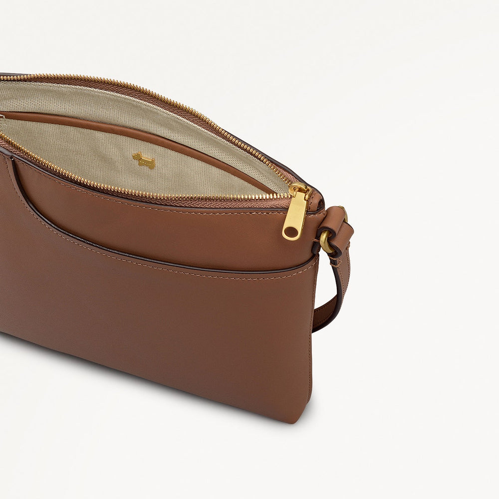 Pockets Leather Small Ziptop NS Cross Body Bag in Saddle - 112154