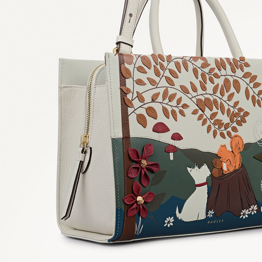 Autumn Leaves Leather Medium Ziptop Grab Bag in Snow - 112222