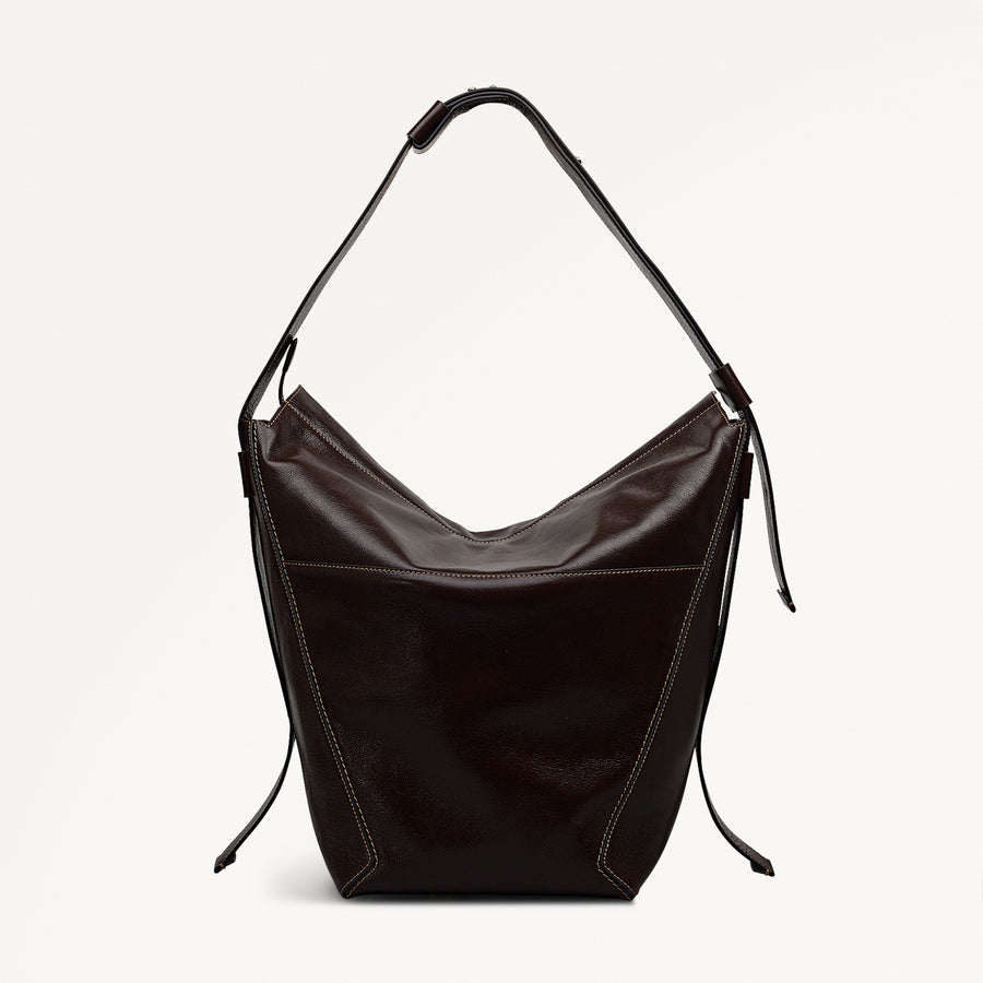 De Beauvoir Leather Large Ziptop Shoulder Bag in Dark Oak - 112261