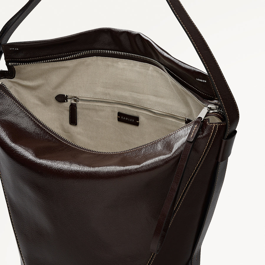 De Beauvoir Leather Large Ziptop Shoulder Bag in Dark Oak - 112261