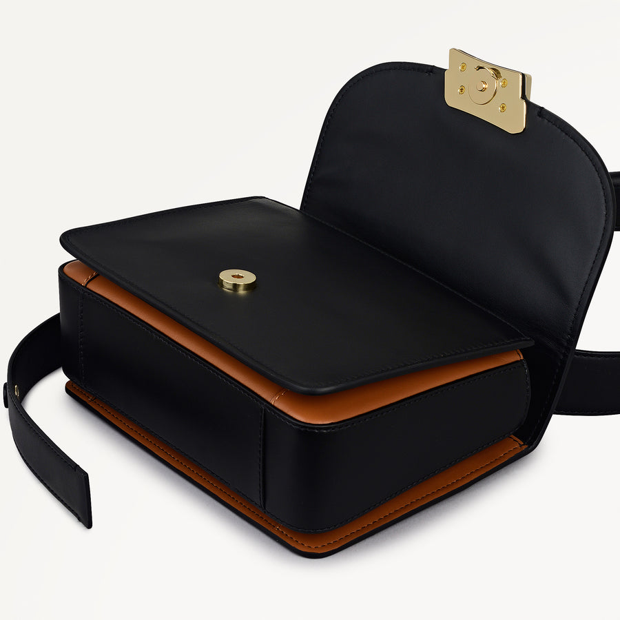 The Belsize Leather Small Flapover Shoulder Bag in Black - 112263