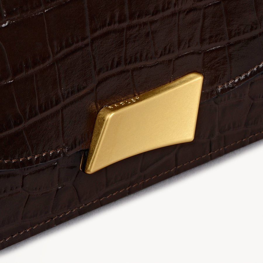 The Belsize Leather Small Flapover Shoulder Bag in Dark Oak - 112266