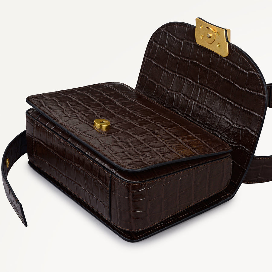 The Belsize Leather Small Flapover Shoulder Bag in Dark Oak - 112266