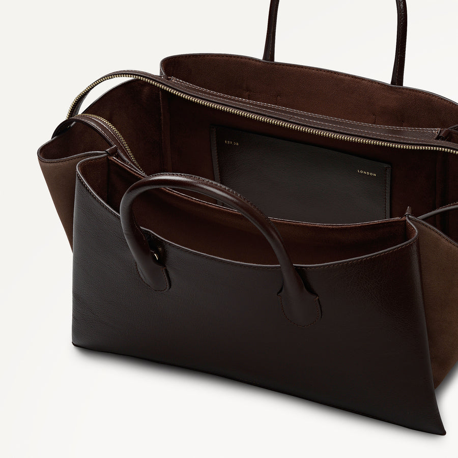The Romilly Leather Large Ziptop Grab Bag in Dark Oak - 112267