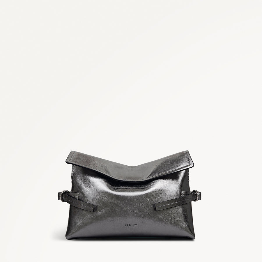 Fleet Street Leather Medium Flapover Clutch Bag in Silver - 112307