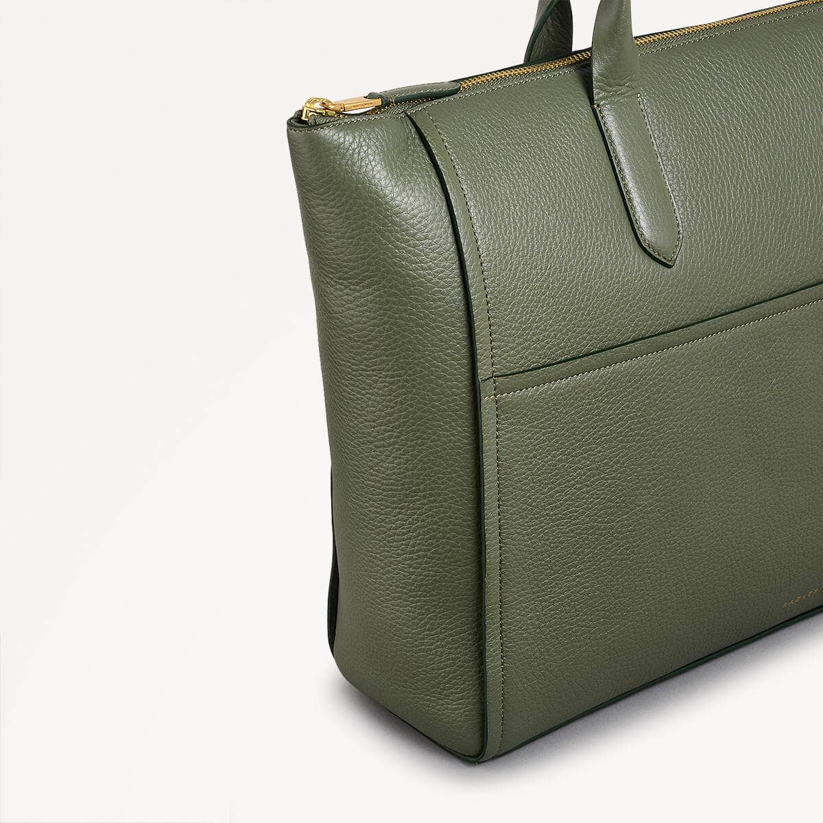 Oak Street Leather Medium Ziptop Tote Bag In Dark Olive - 110187