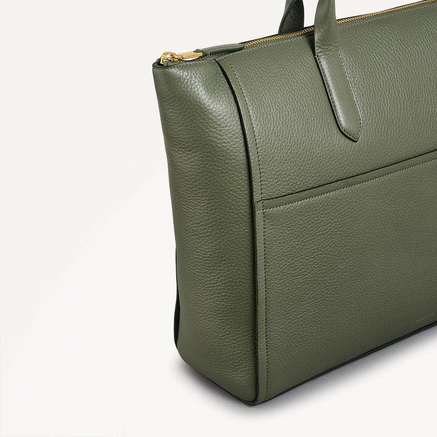 Oak Street Leather Medium Ziptop Tote Bag In Dark Olive - 110187