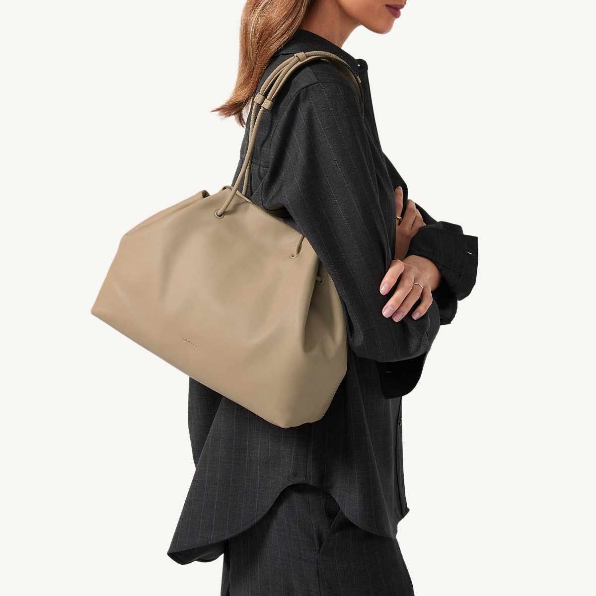 Blake Mews Leather Open Top Shoulder Bag in Stone - 110313