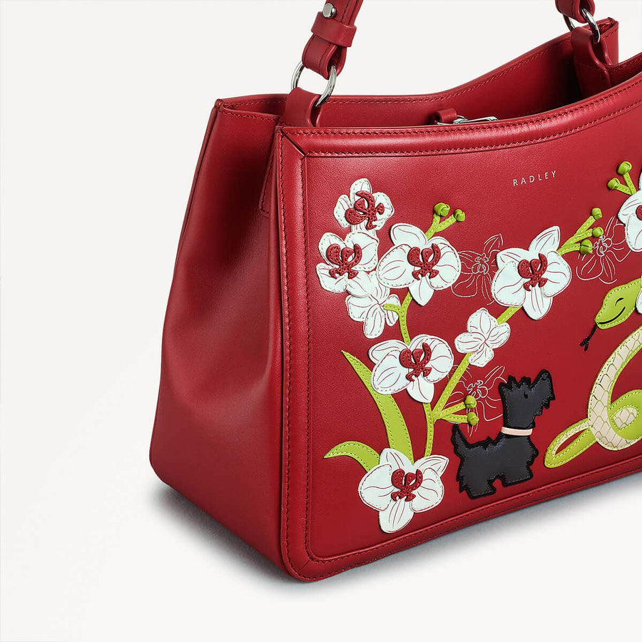 Lunar New Year SS25 Leather Medium Ziptop Satchel Bag in Crimson - 110316