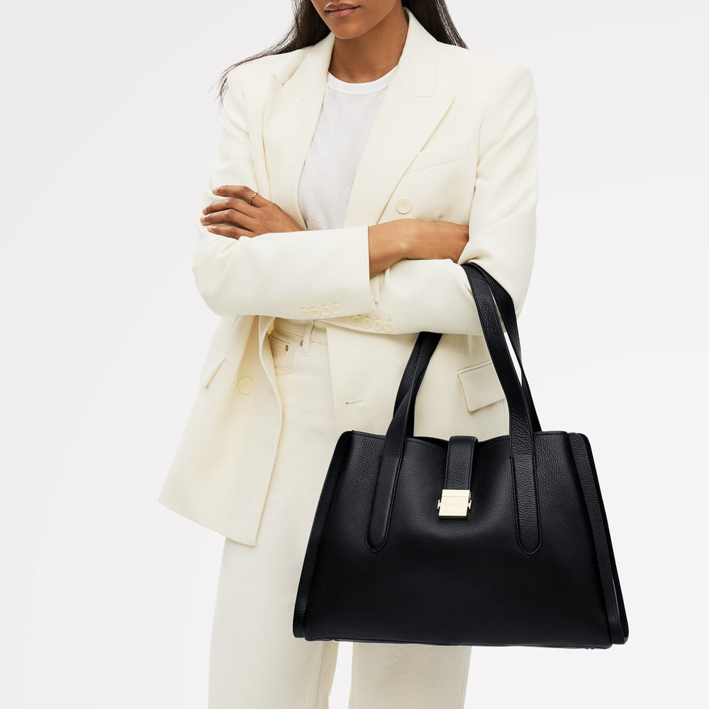 Sloane Street Leather Large Ziptop Shoulder Bag in Black - 110430