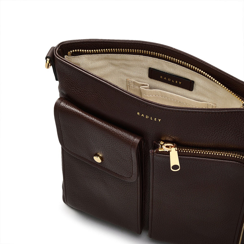 Selby Crescent Leather Small Ziptop Crossbody Bag in Dark Oak - 110468