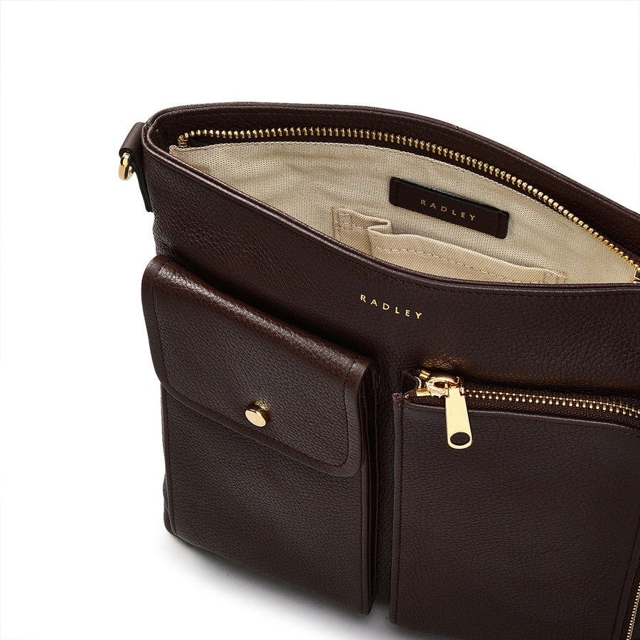 Selby Crescent Leather Small Ziptop Crossbody Bag in Dark Oak - 110468