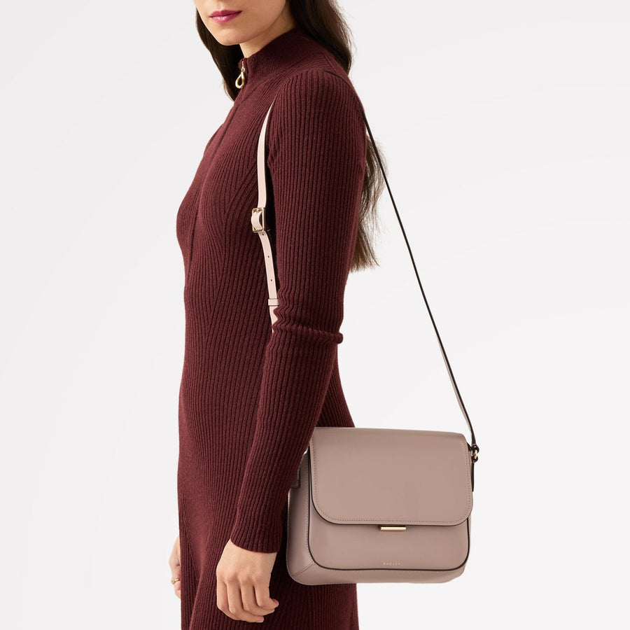 Mells Manor Leather Medium Flapover Crossbody Bag in Silt - 110480