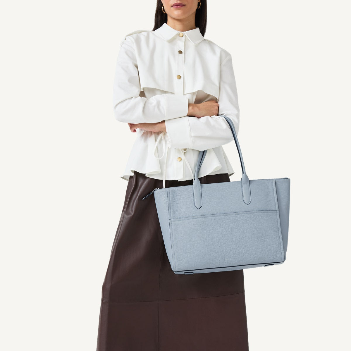 Oak Street Leather Medium Ziptop Tote Bag in Smoke Blue - 110643