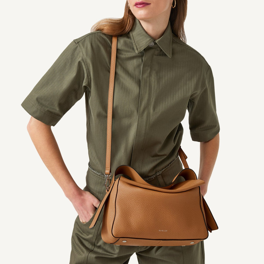 De Beauvoir Leather Medium Ziptop Satchel Bag in Dark Butter - 110645