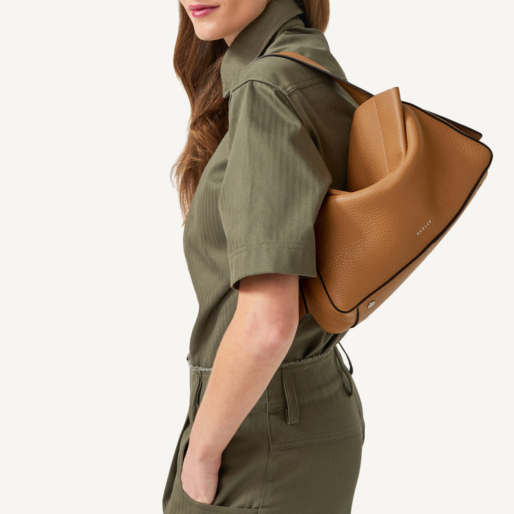 De Beauvoir Leather Medium Ziptop Satchel Bag in Dark Butter - 110645