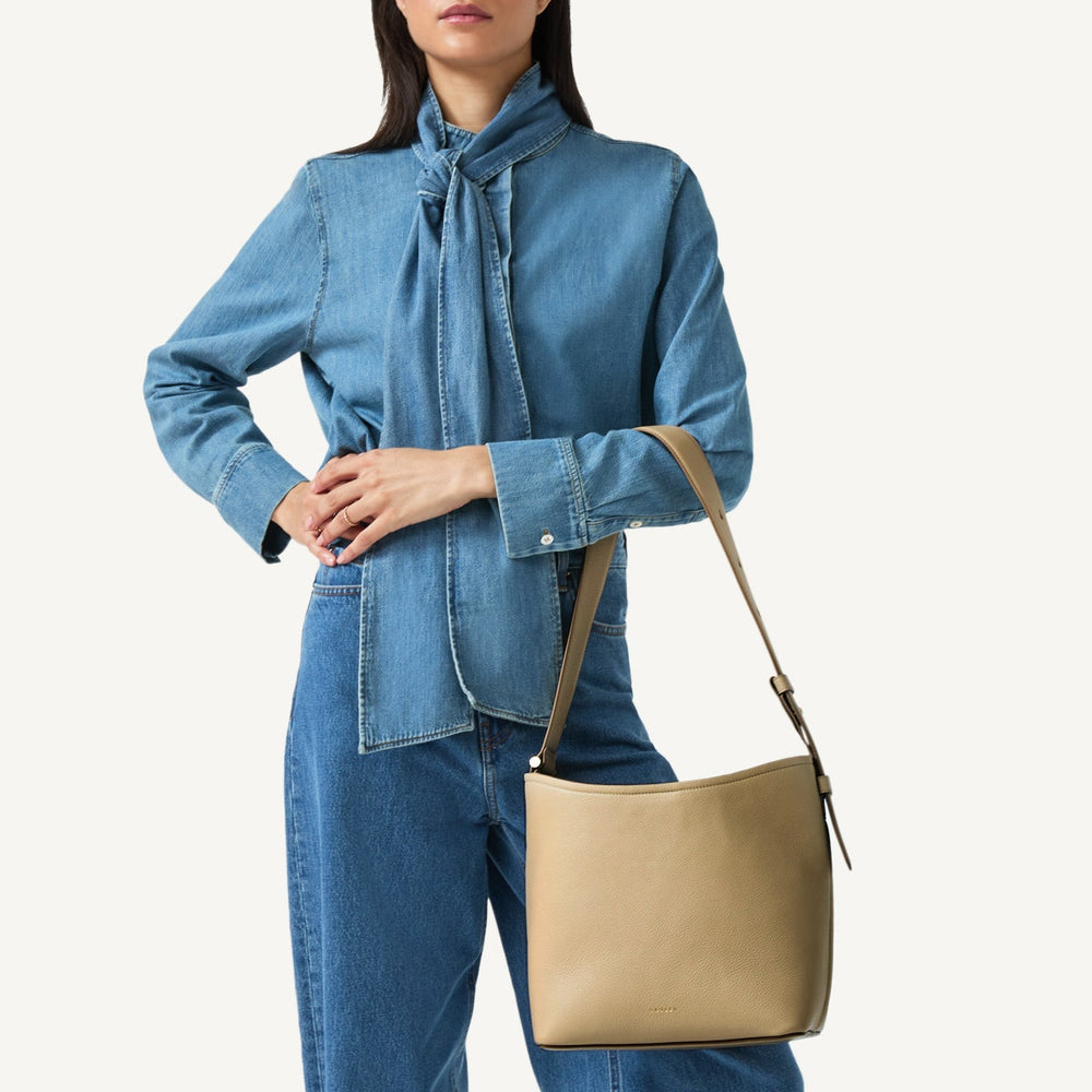 Bathurst Mews Leather Medium Ziptop Shoulder Bag in Stone - 110655
