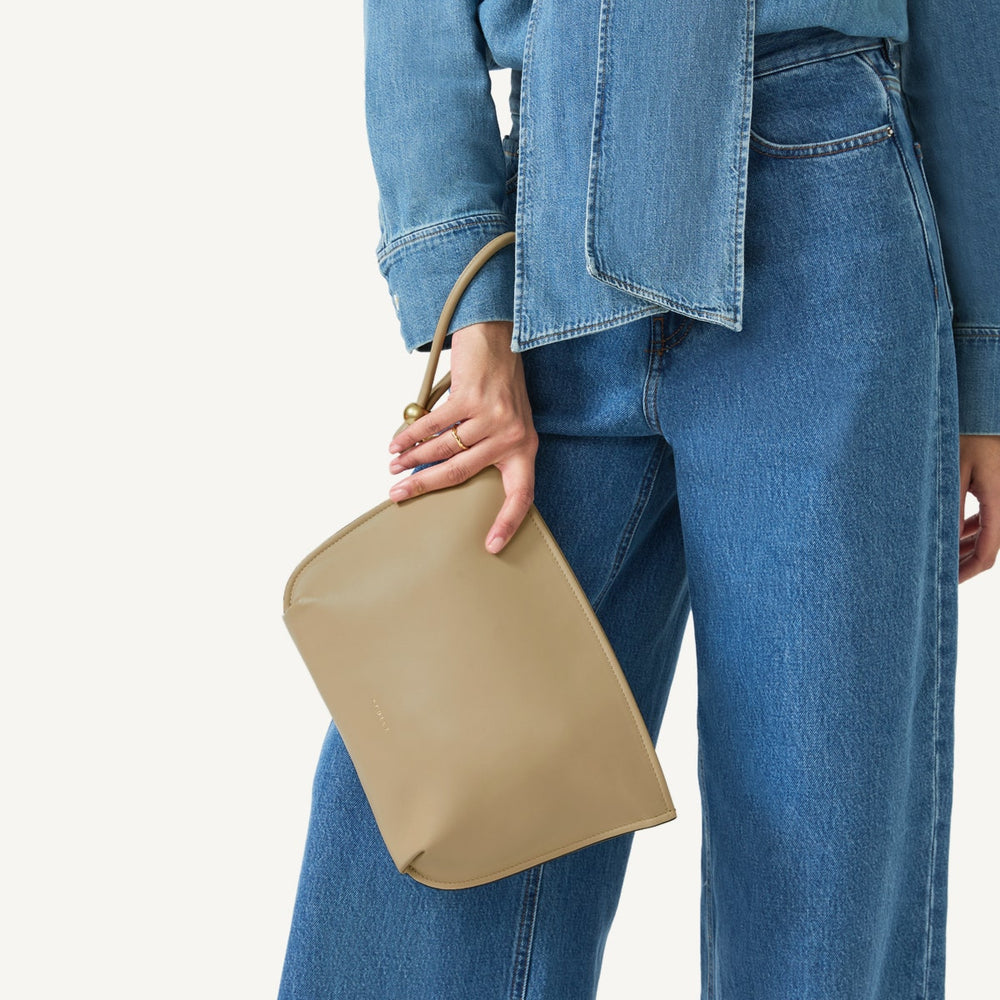 The Romilly Leather Medium Ziptop Clutch Bag in Stone - 110667