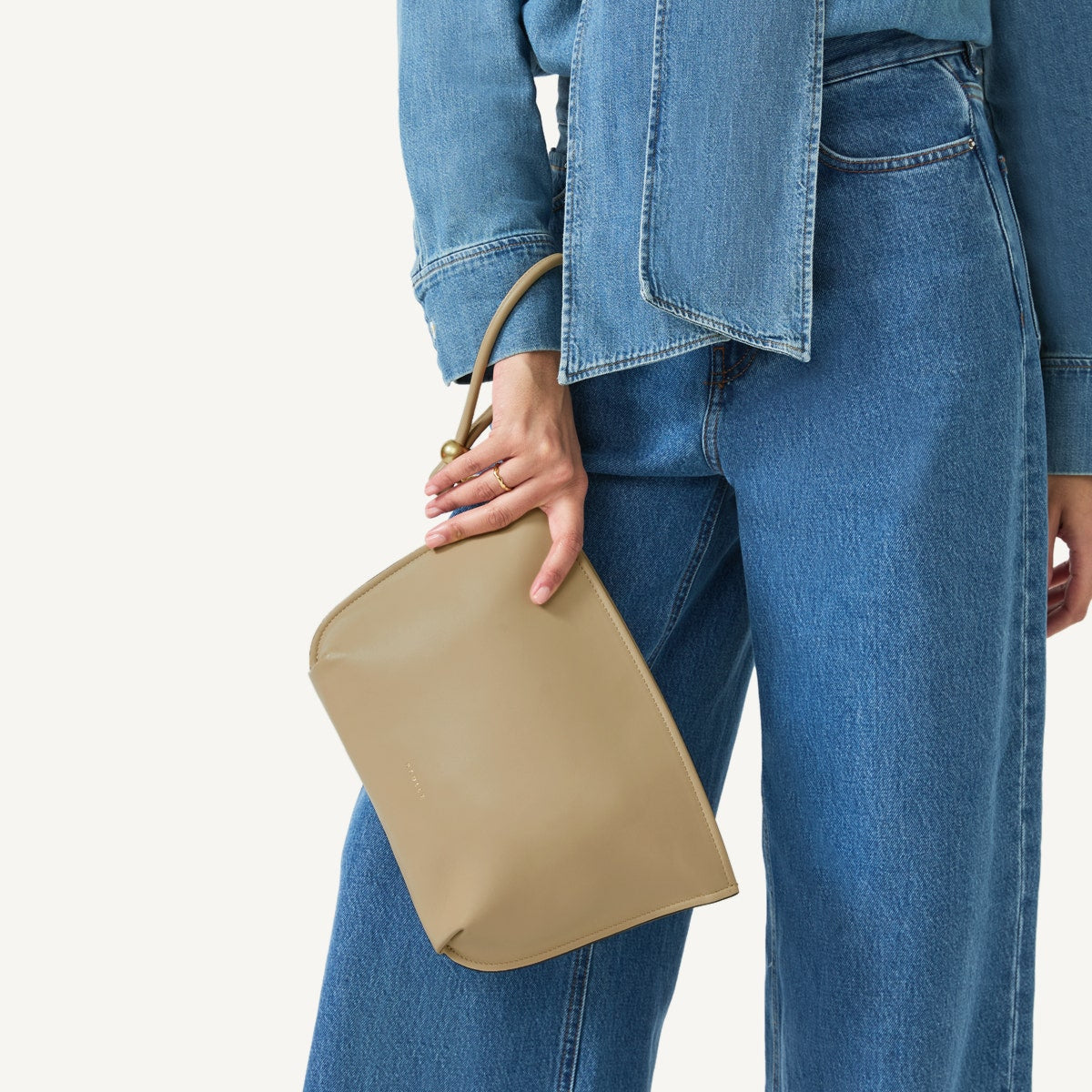 The Romilly Leather Medium Ziptop Clutch Bag in Stone - 110667