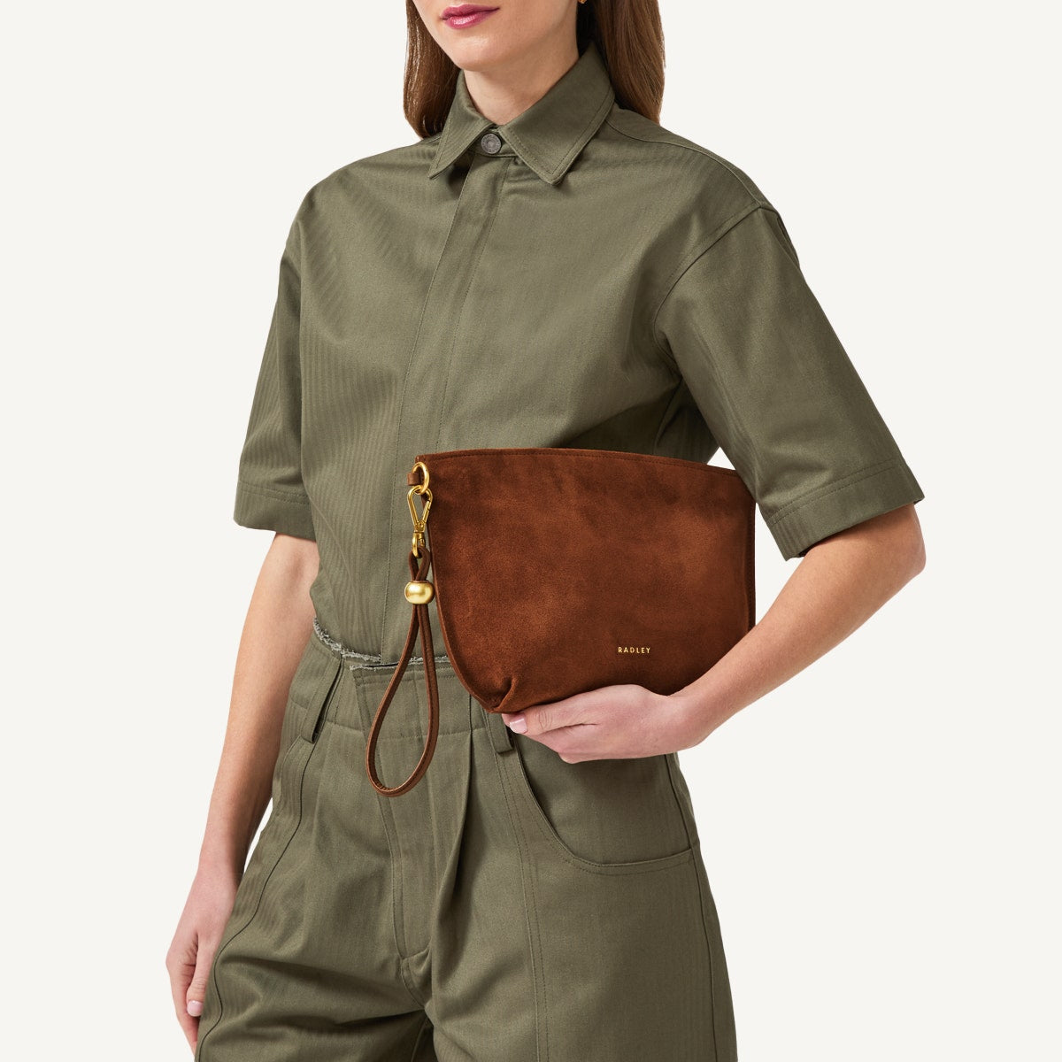 The Romilly Leather Medium Ziptop Clutch Bag in Saddle - 110668
