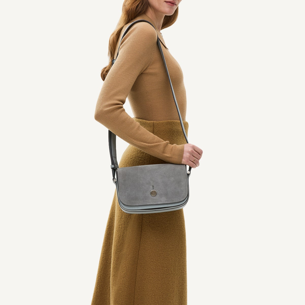 Artichoke Medium Grey Suede Crossbody Bag | Bathurst Mews SS25