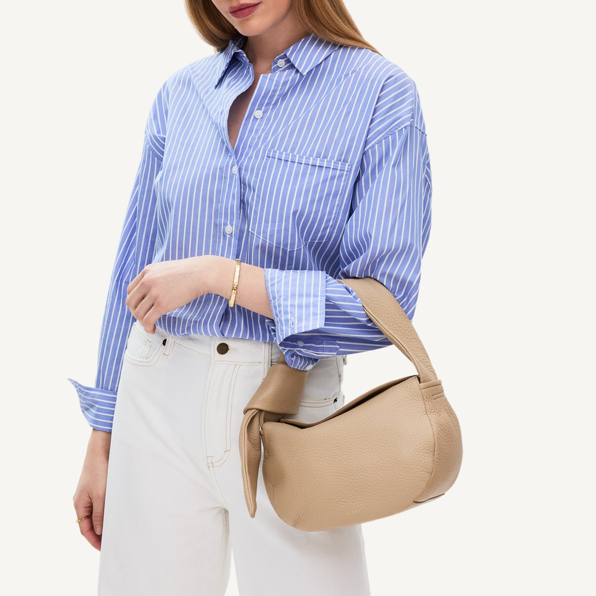 The Grove Leather Small Flapover Satchel Bag in Stone - 110684