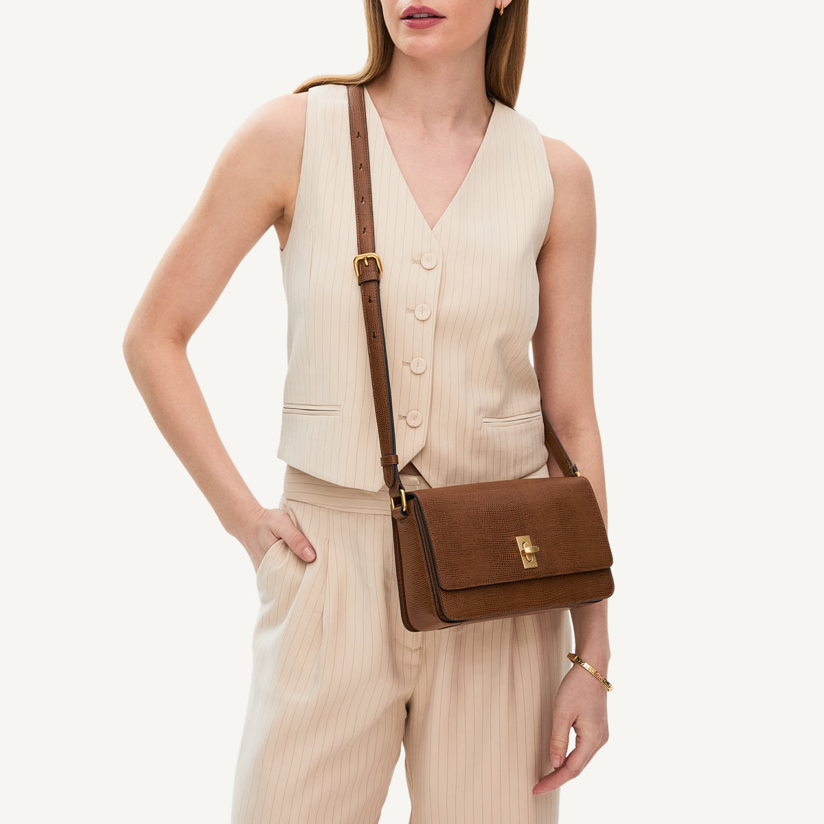 Small Saddle Brown Crossbody | Threadneedle Street Faux Lizard