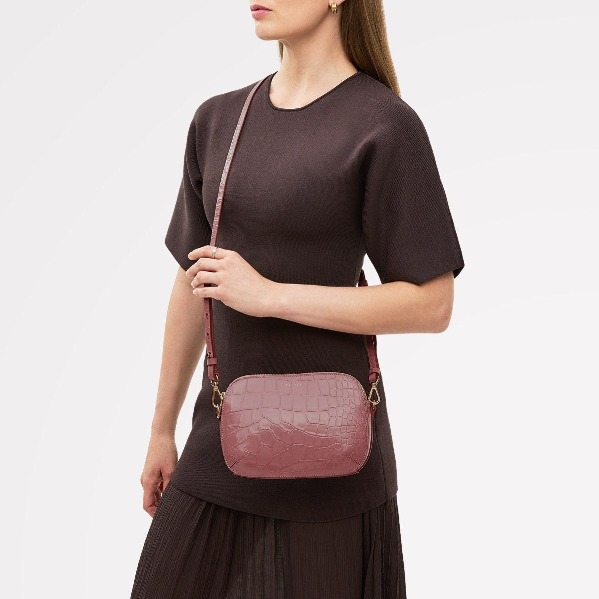 French Rose Pink Leather Crossbody Bag | Dukes Place Croc AW25
