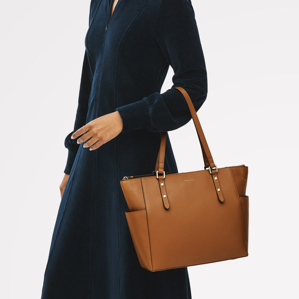 Silk Street Leather Large Ziptop Shoulder Bag in Caramel - 111831