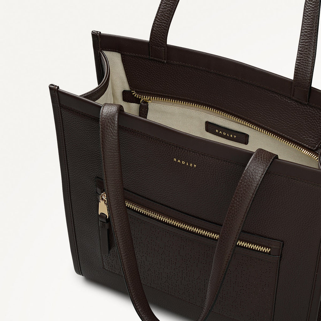 Alba Place Leather Medium Ziptop Tote Bag in Dark Oak - 111938