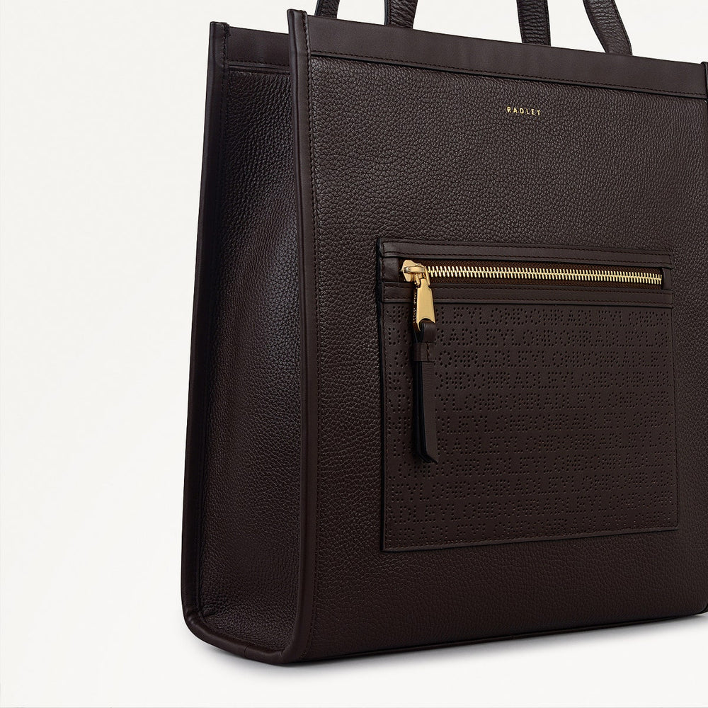 Alba Place Leather Medium Ziptop Tote Bag in Dark Oak - 111938