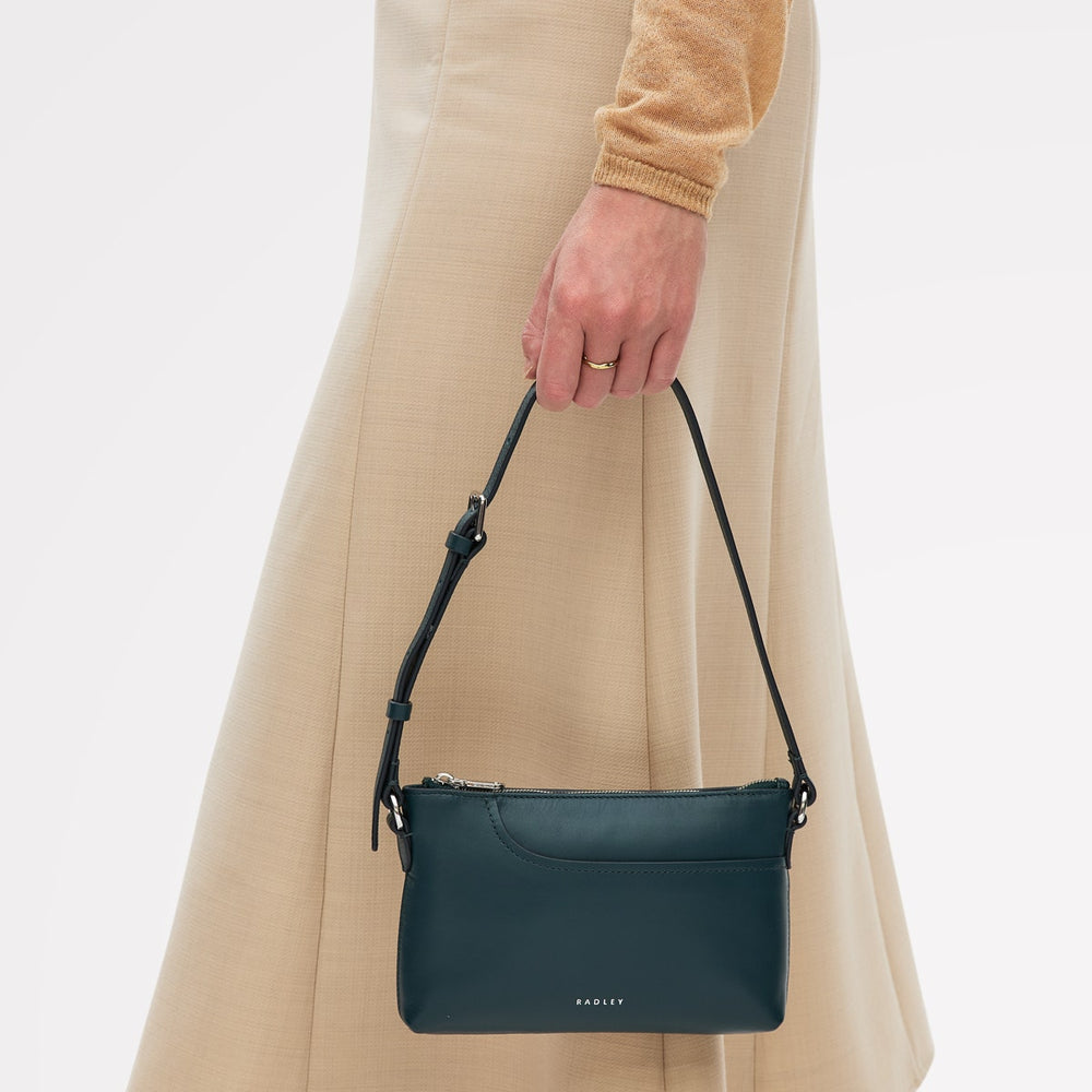 Pockets Leather Mini Ziptop EW Shoulder Bag in Teal - 112136