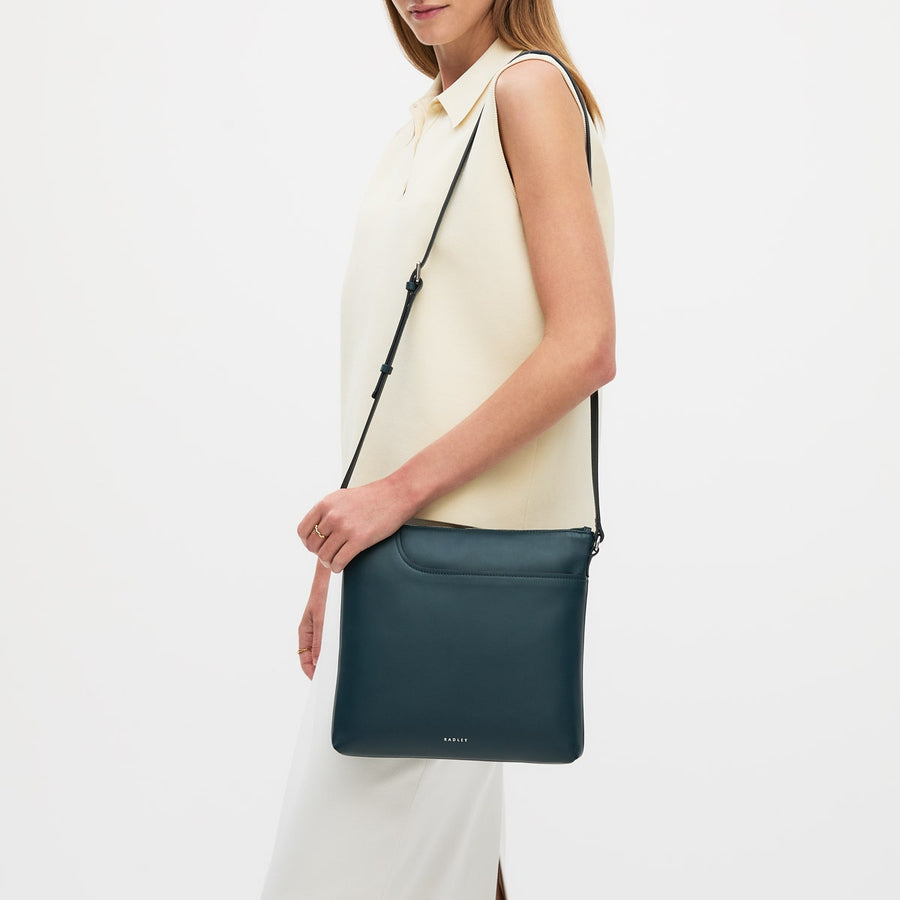 Pockets Leather Large Ziptop NS Cross Body Bag in Teal - 112139