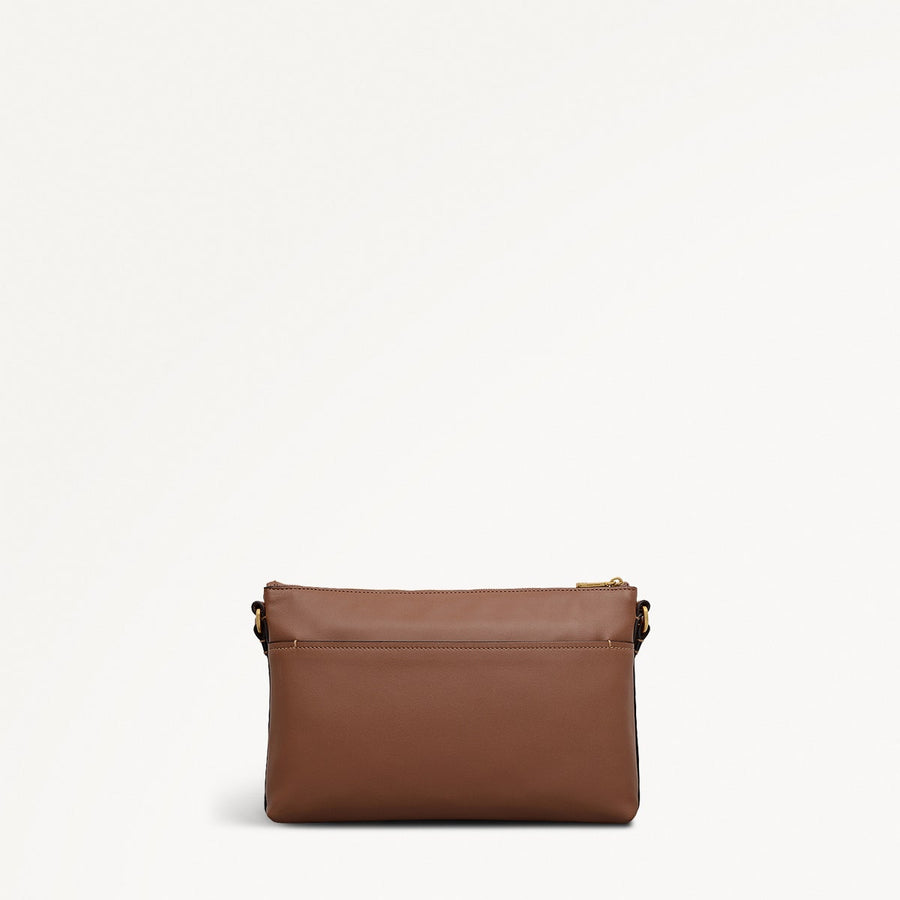 Pockets Leather Medium Ziptop EW Cross Body Bag in Saddle - 112153