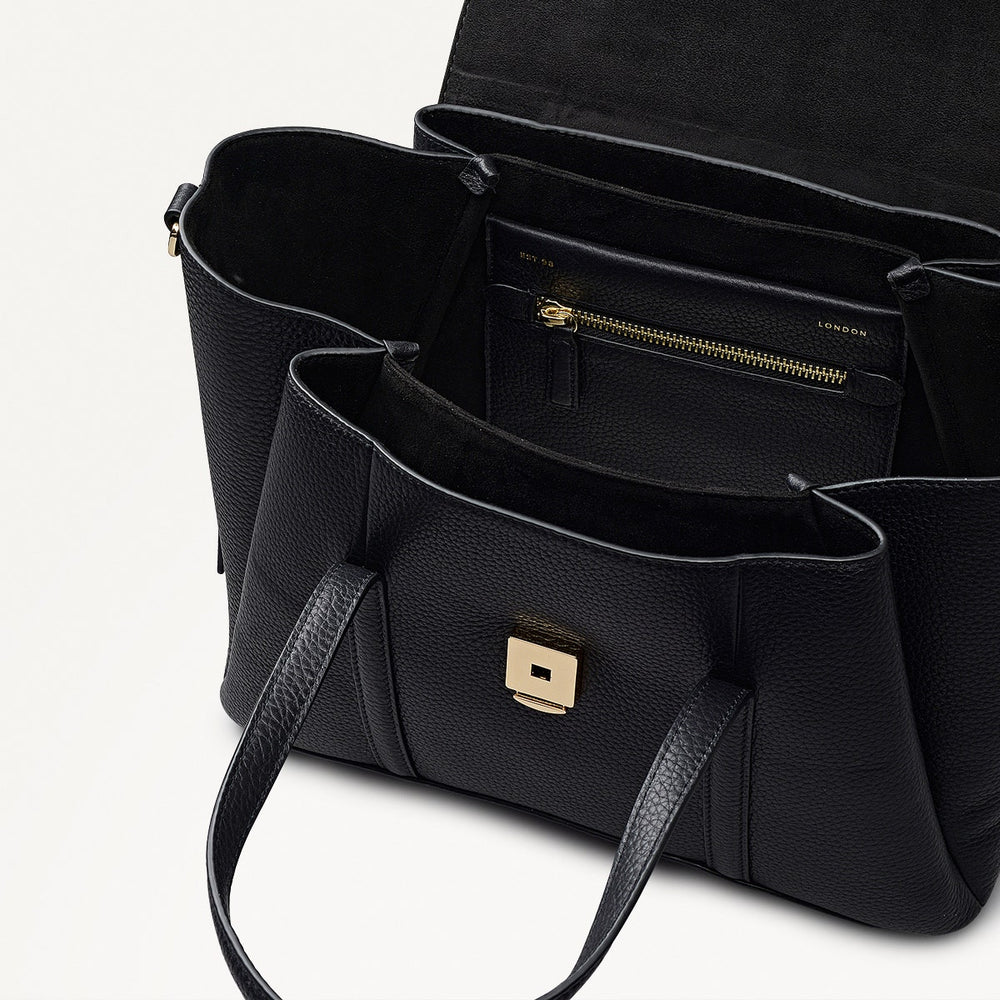 The Chancery Leather Medium Flapover Satchel Bag in Black - 112165