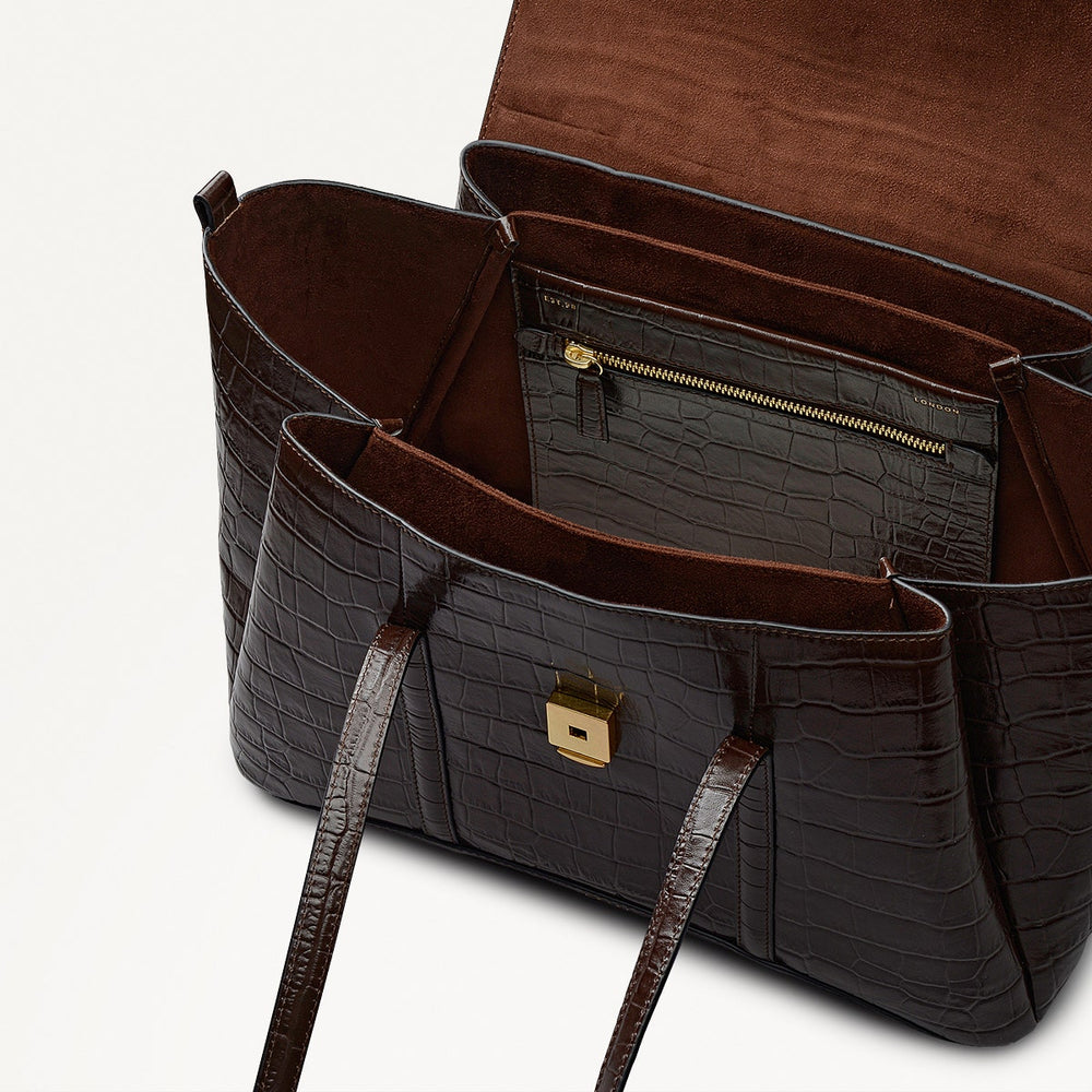 The Chancery Leather Medium Flapover Shoulder Bag in Dark Oak - 112167