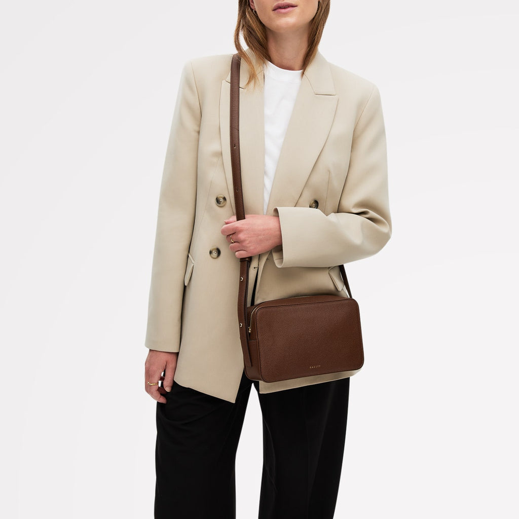 Duchess Close Leather Small Ziptop Cross Body Bag in Chocolate - 112177
