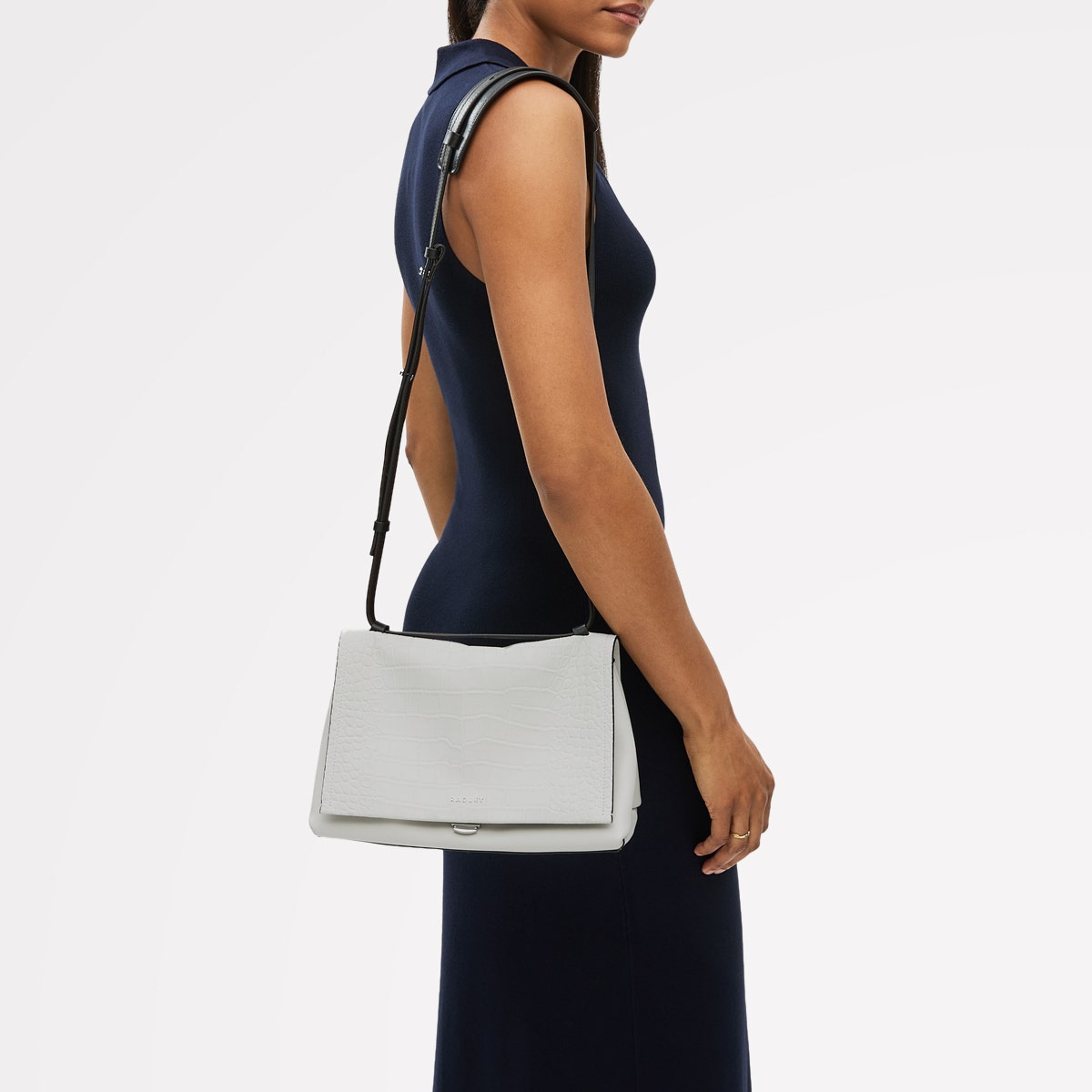 Mercer Street Faux Croc Medium Flapover Shoulder Bag in Snow - 112181