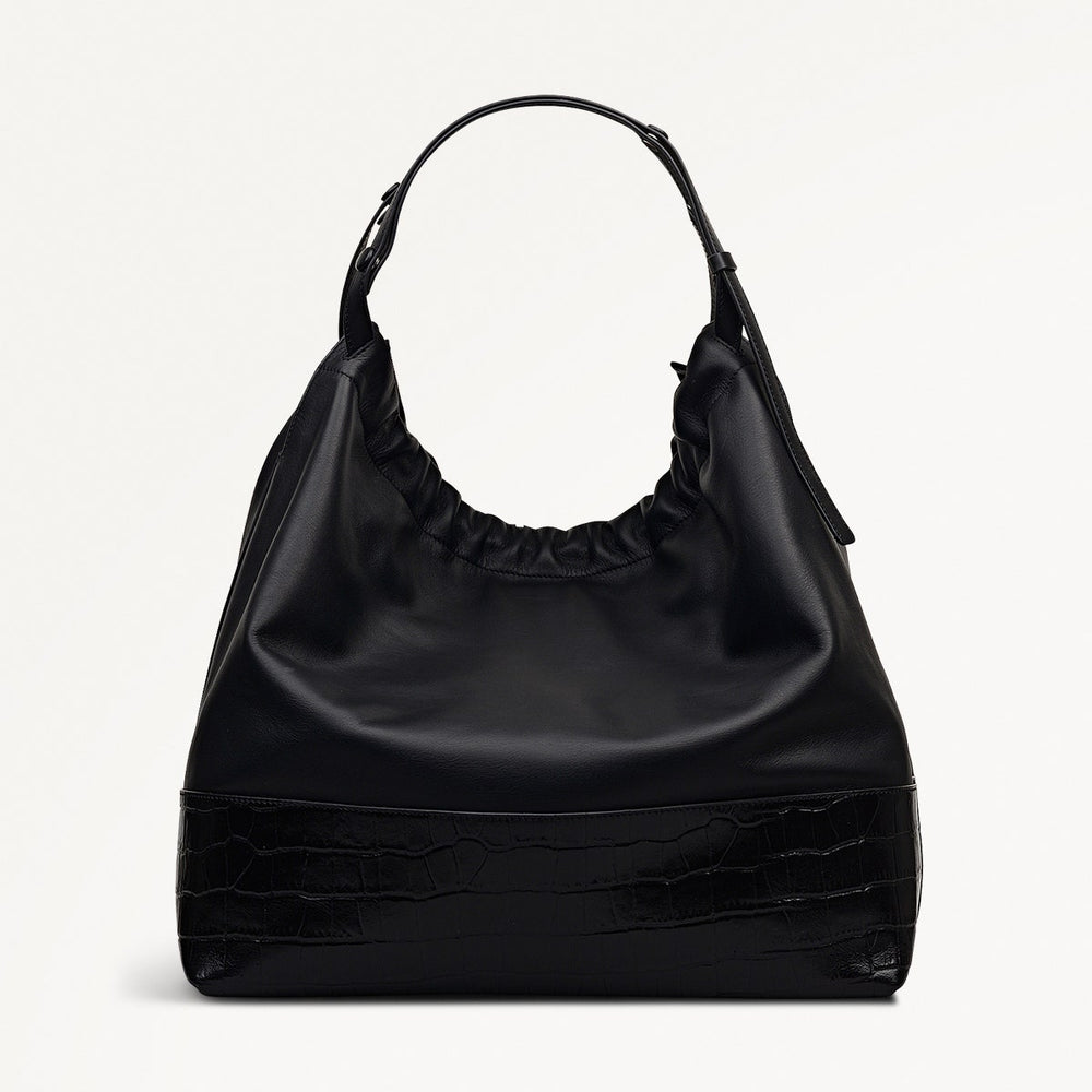 The Portobello Leather Large Drawstring Shoulder Bag in Black - 112190