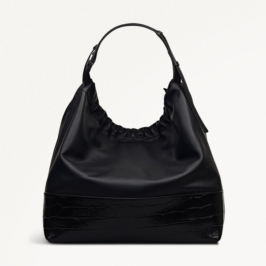 The Portobello Leather Large Drawstring Shoulder Bag in Black - 112190