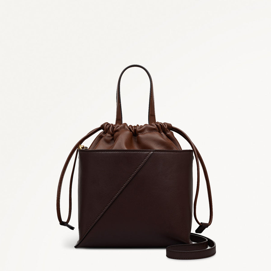 The Portobello Leather Small Drawstring Grab Bag in Dark Oak - 112193