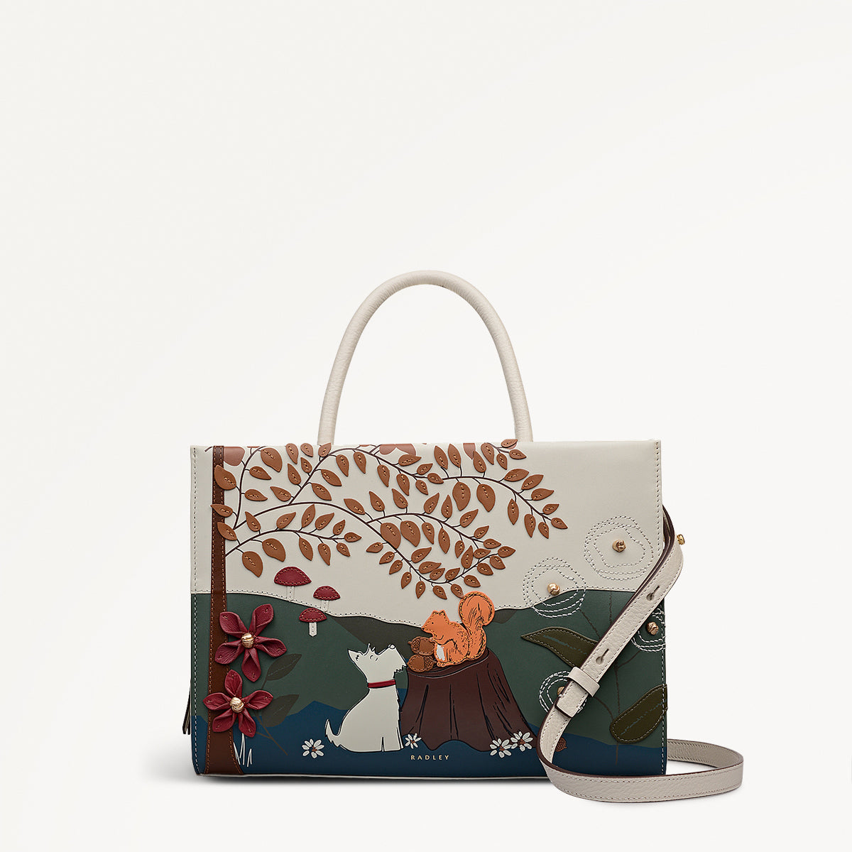 Autumn Leaves Leather Medium Ziptop Grab Bag in Snow - 112222