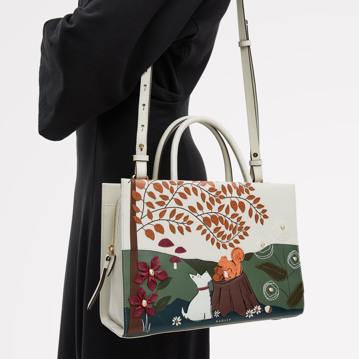 Autumn Leaves Leather Medium Ziptop Grab Bag in Snow - 112222