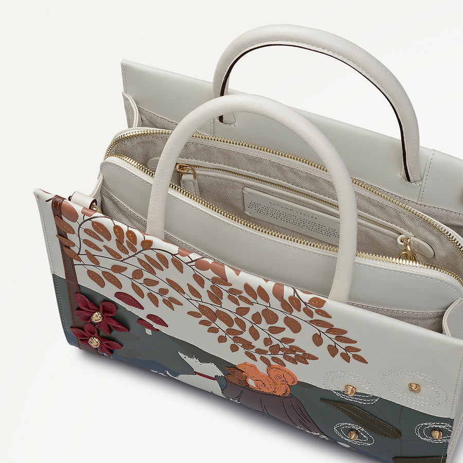 Autumn Leaves Leather Medium Ziptop Grab Bag in Snow - 112222