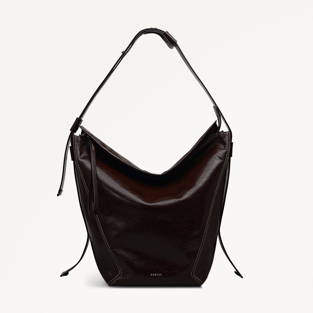 De Beauvoir Leather Large Ziptop Shoulder Bag in Dark Oak - 112261