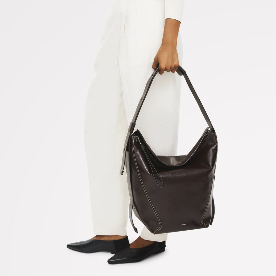 De Beauvoir Leather Large Ziptop Shoulder Bag in Dark Oak - 112261