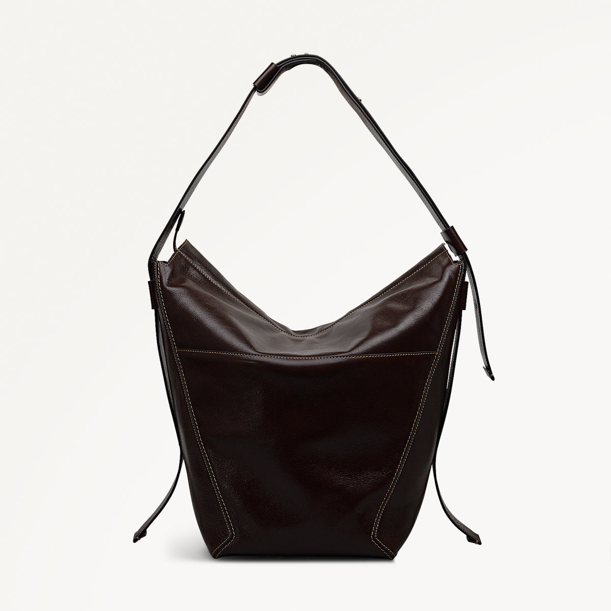 De Beauvoir Leather Large Ziptop Shoulder Bag in Dark Oak - 112261