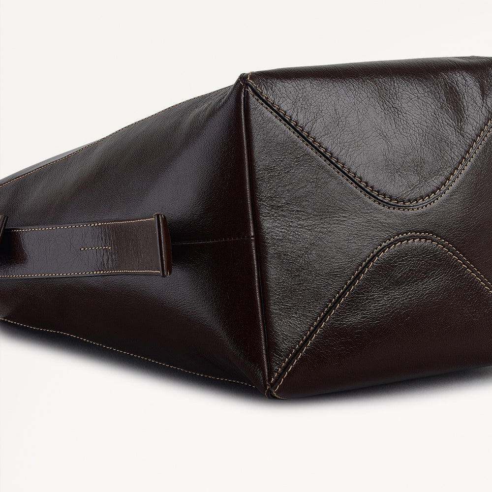 De Beauvoir Leather Large Ziptop Shoulder Bag in Dark Oak - 112261