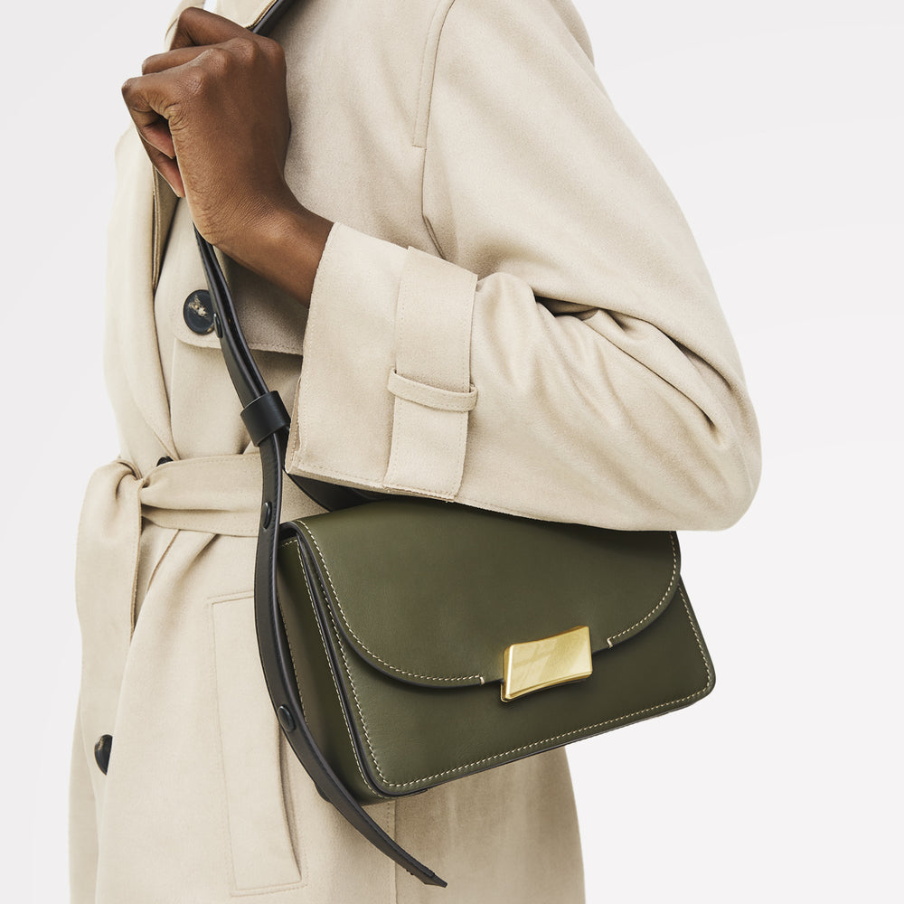 The Belsize Leather Small Flapover Shoulder Bag in Pine Needle - 112264
